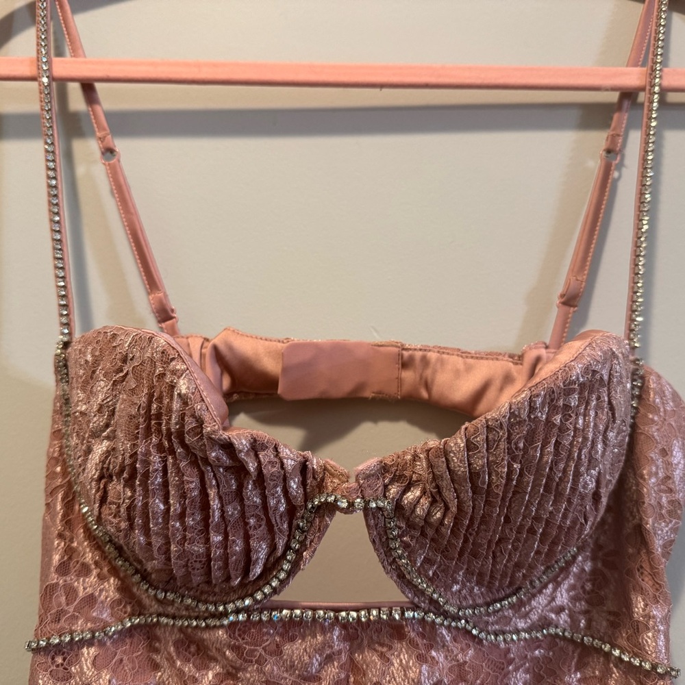For Love And Lemons Rose Pink Velvet Lace Trim Mini Dress - Picture 6 of 9